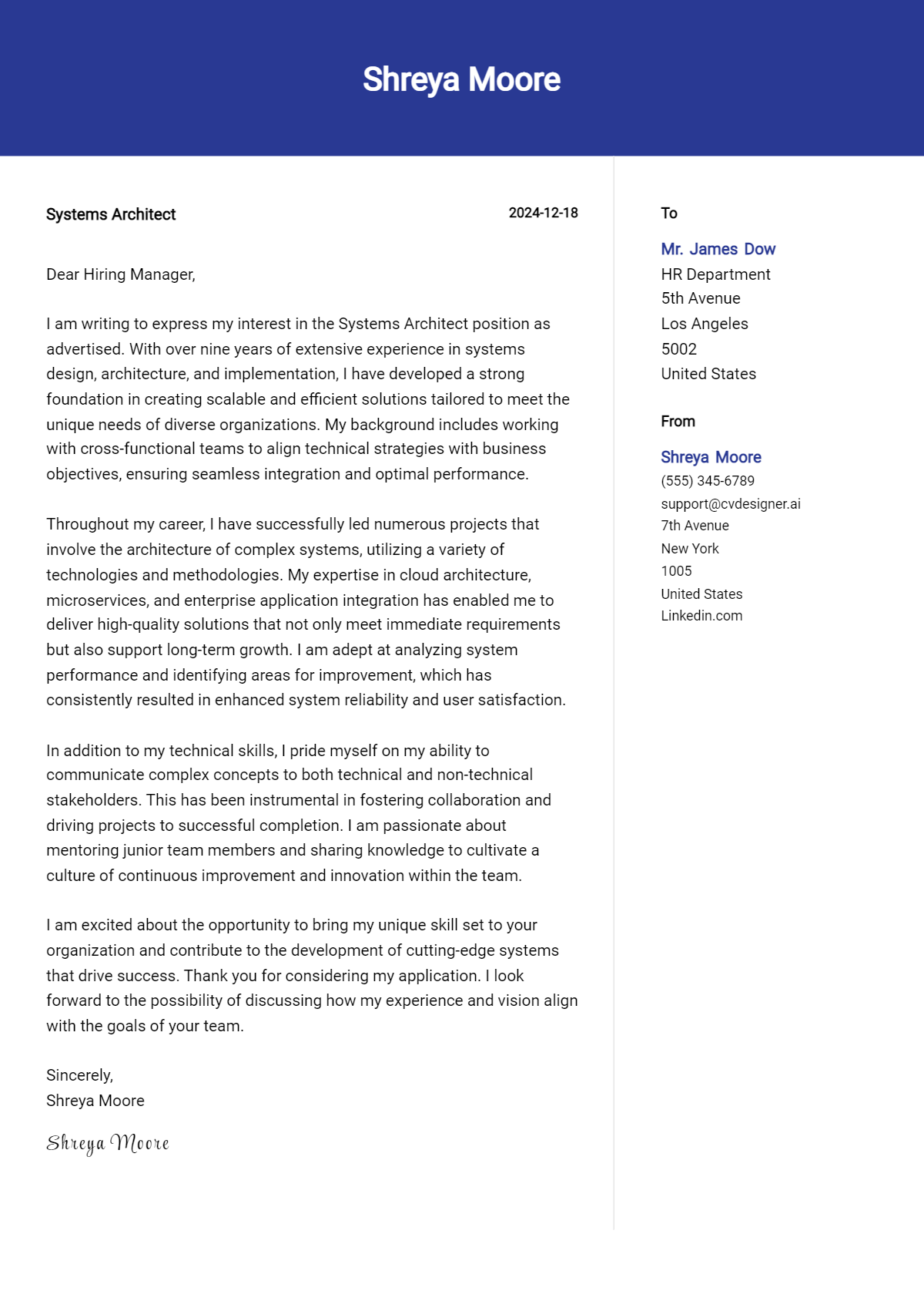 systems architect cover letter example