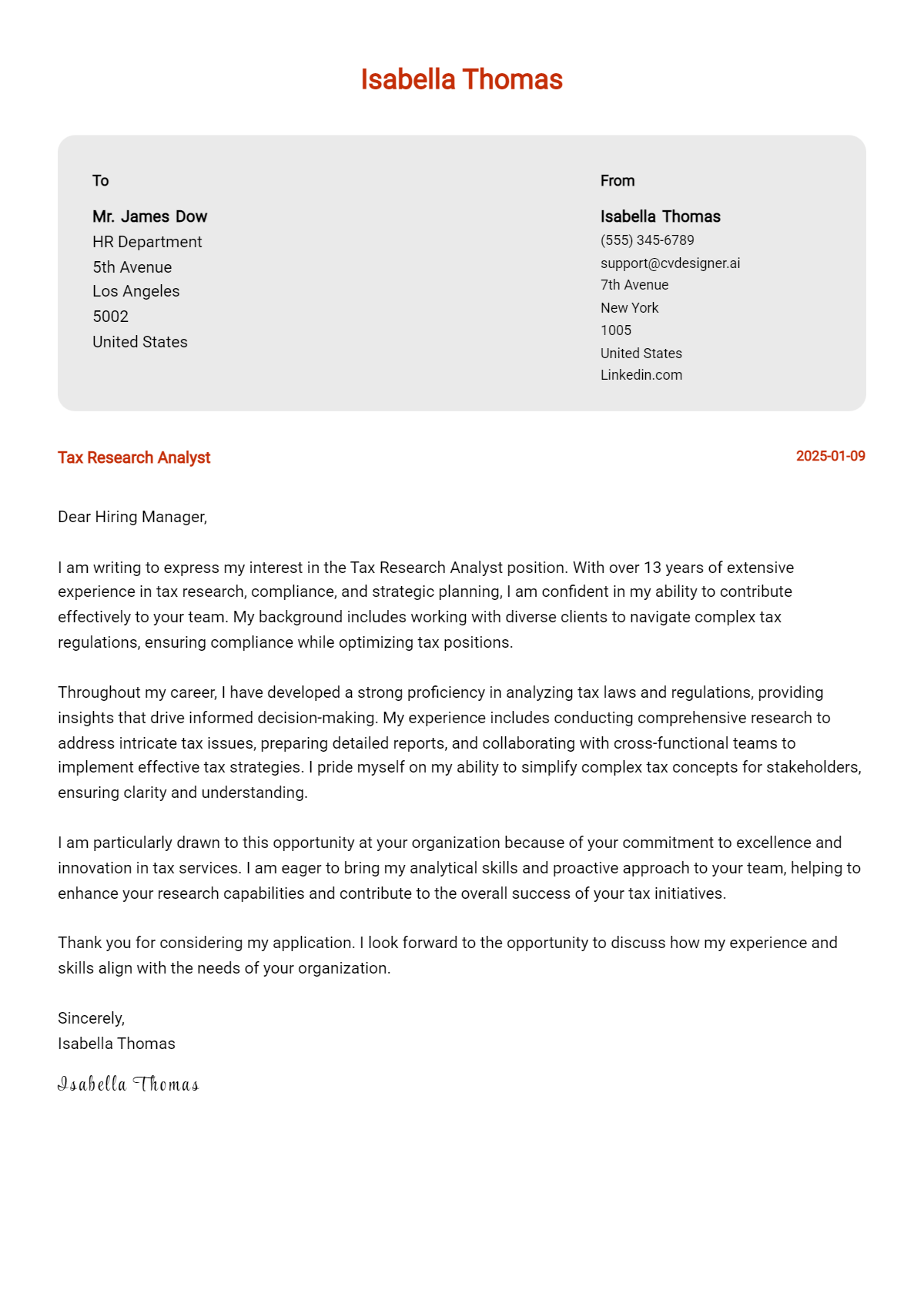 tax research analyst cover letter example