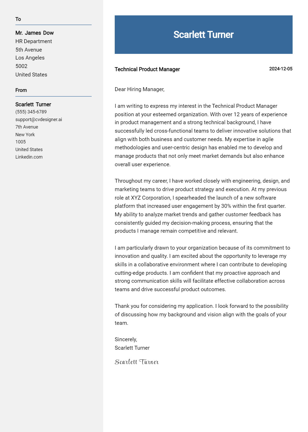 technical product manager cover letter example