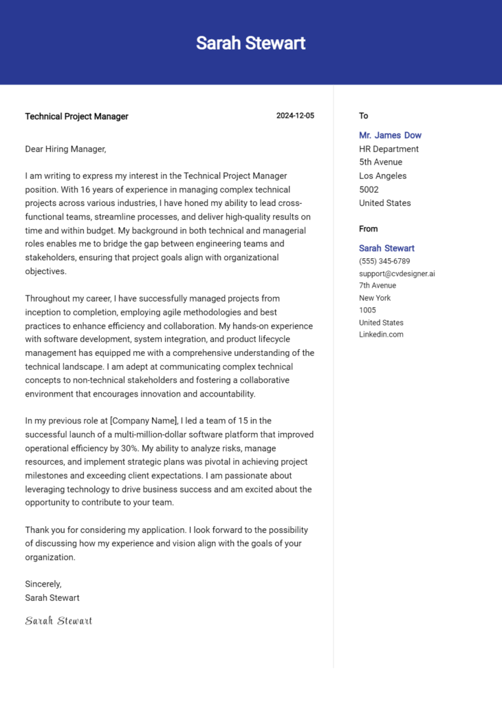 technical project manager cover letter example