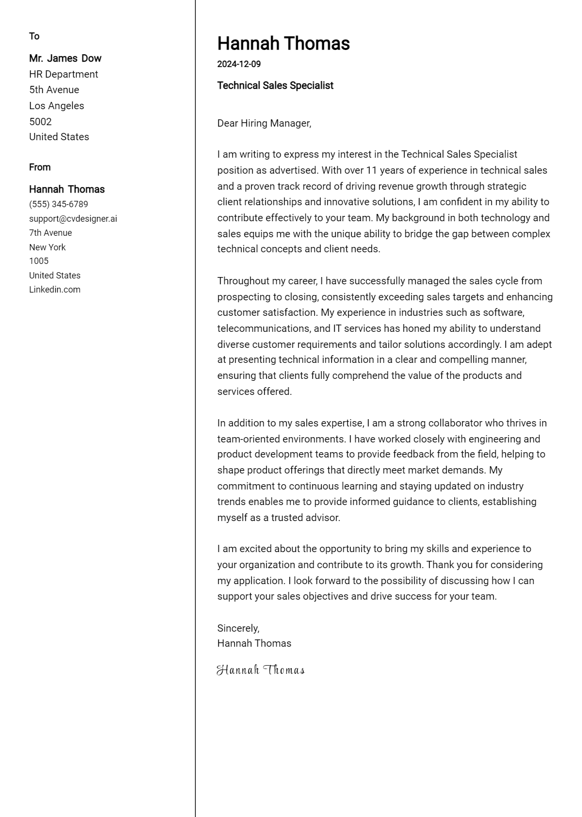 technical sales specialist cover letter example