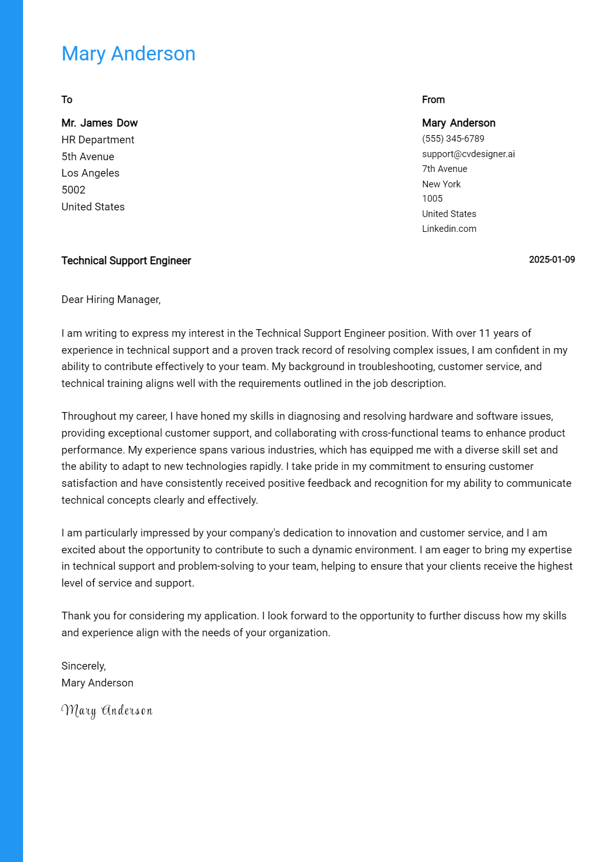 technical support engineer cover letter example