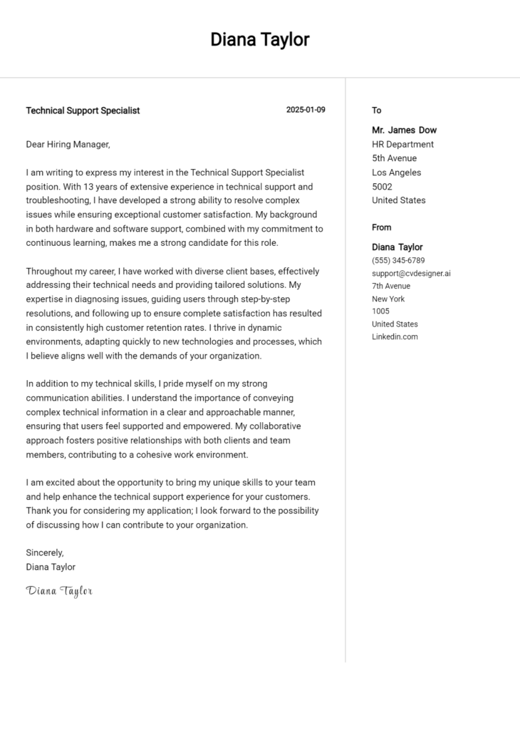 technical support specialist cover letter example