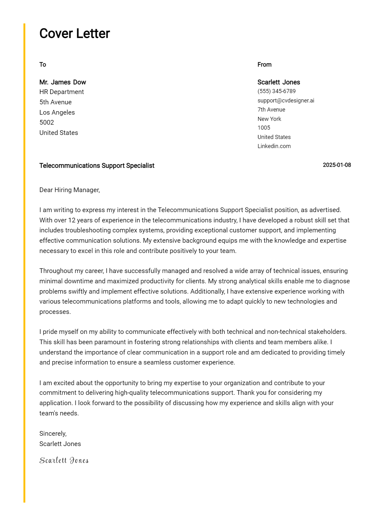 telecommunications support specialist cover letter example