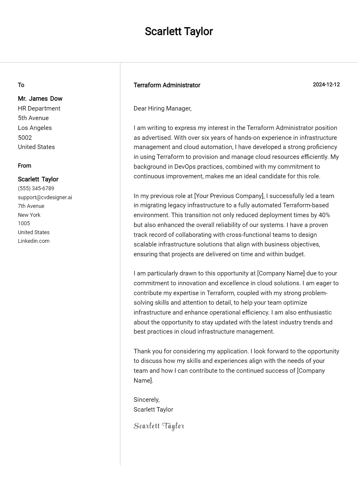 terraform administrator cover letter example