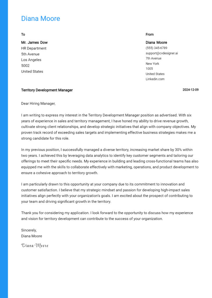 territory development manager cover letter example