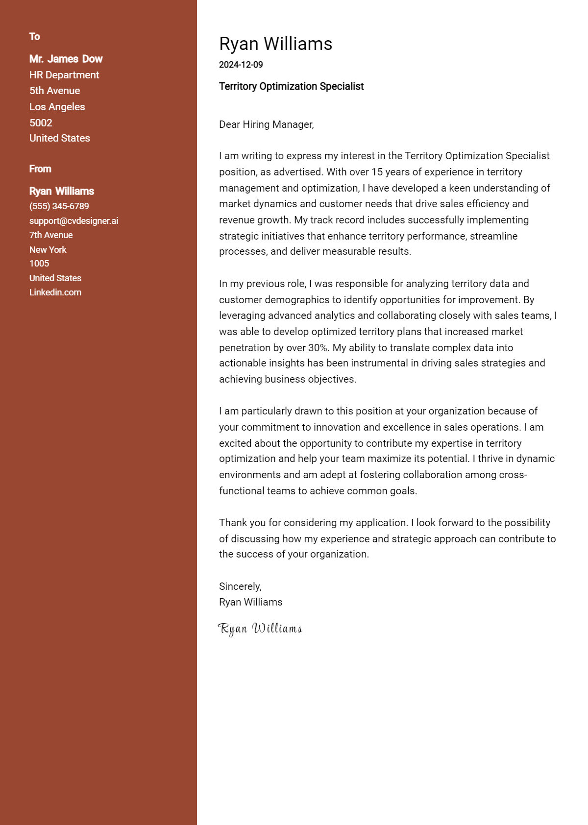 territory optimization specialist cover letter example