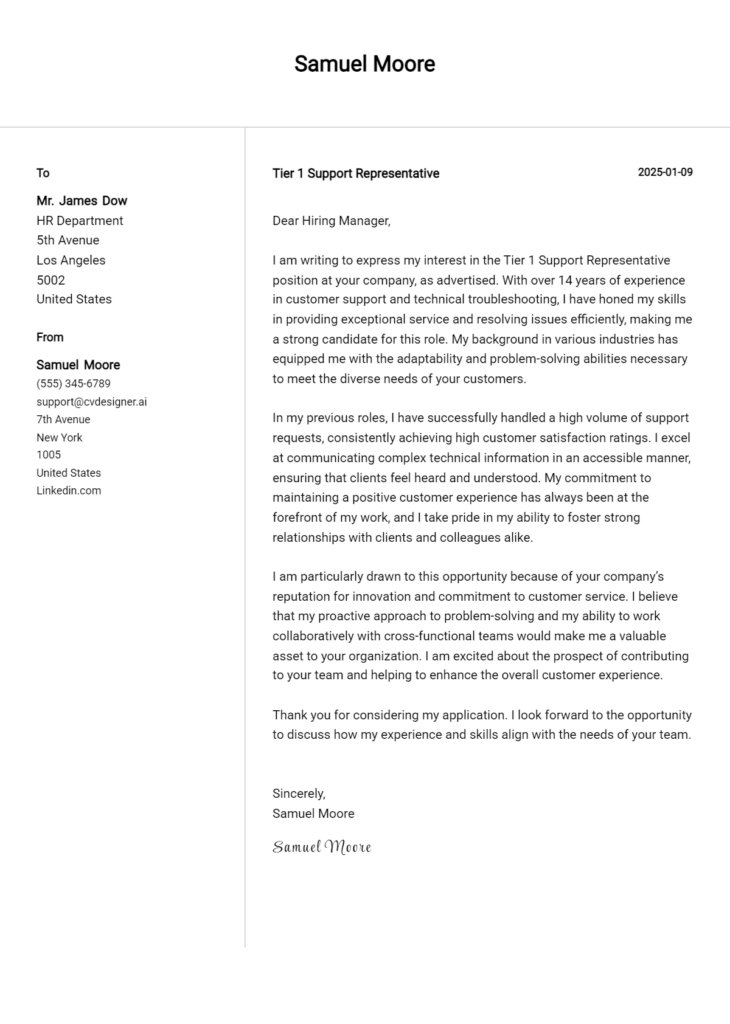 tier 1 support representative cover letter example