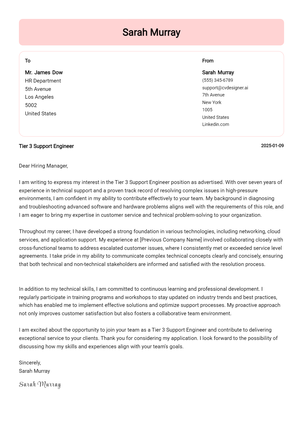 tier 3 support engineer cover letter example