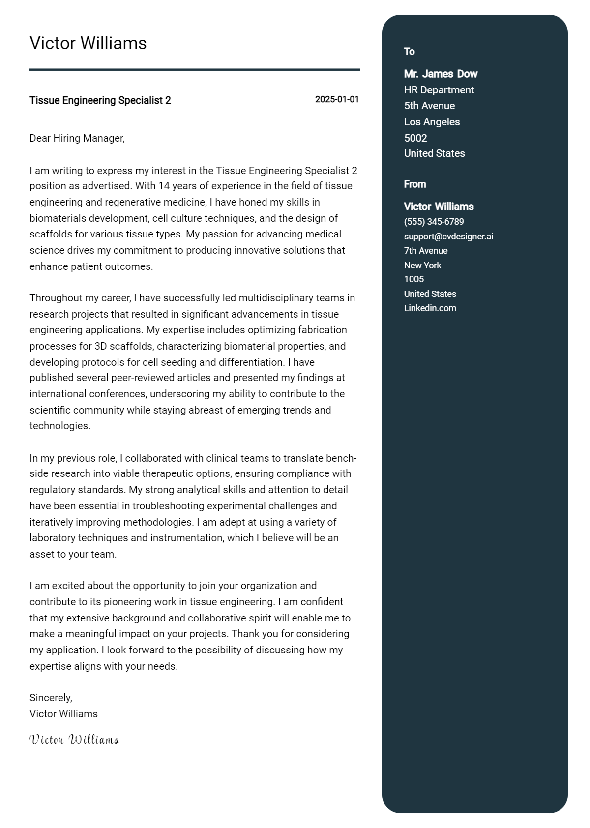 tissue engineering specialist 2 cover letter example