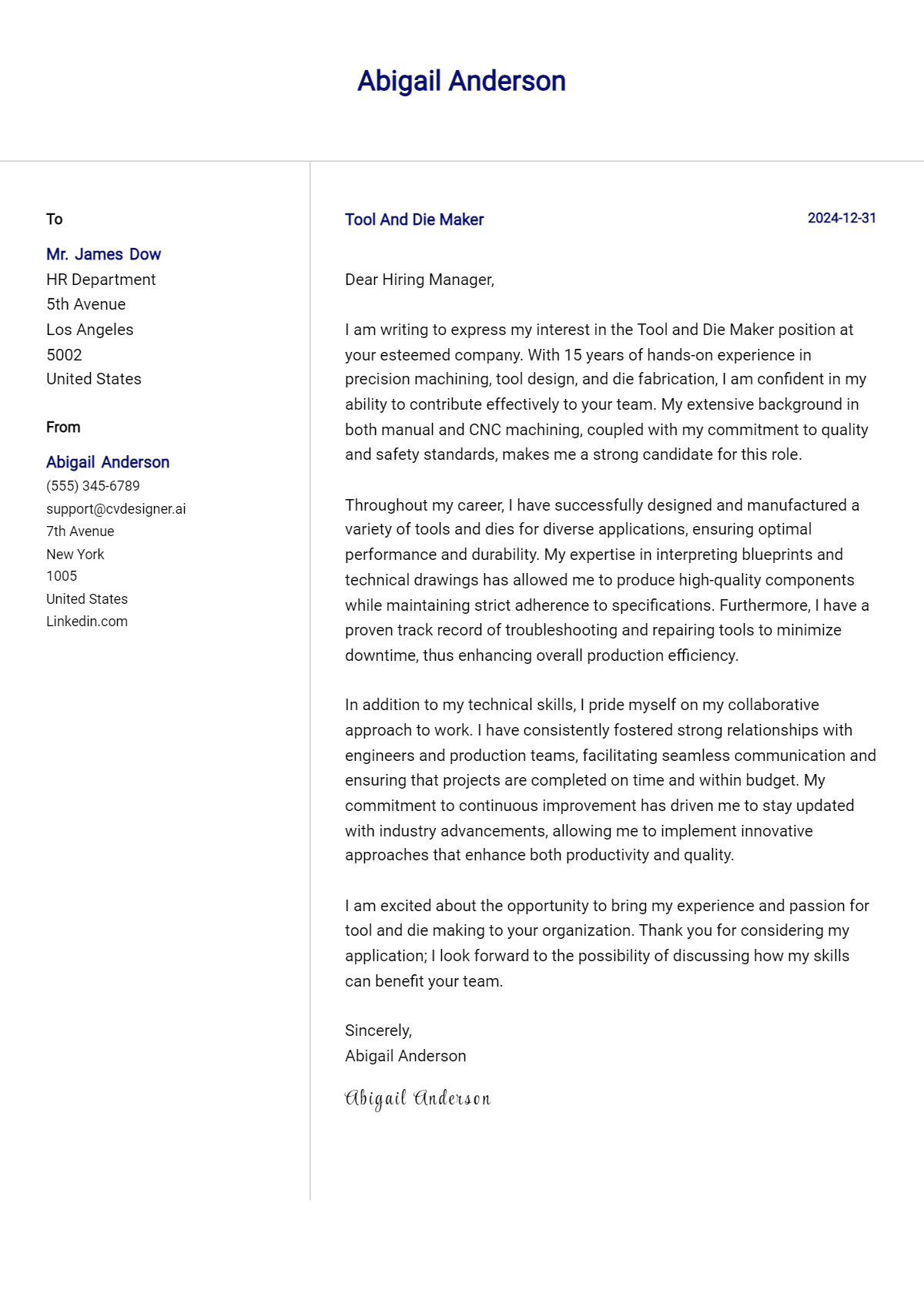 tool and die maker cover letter example