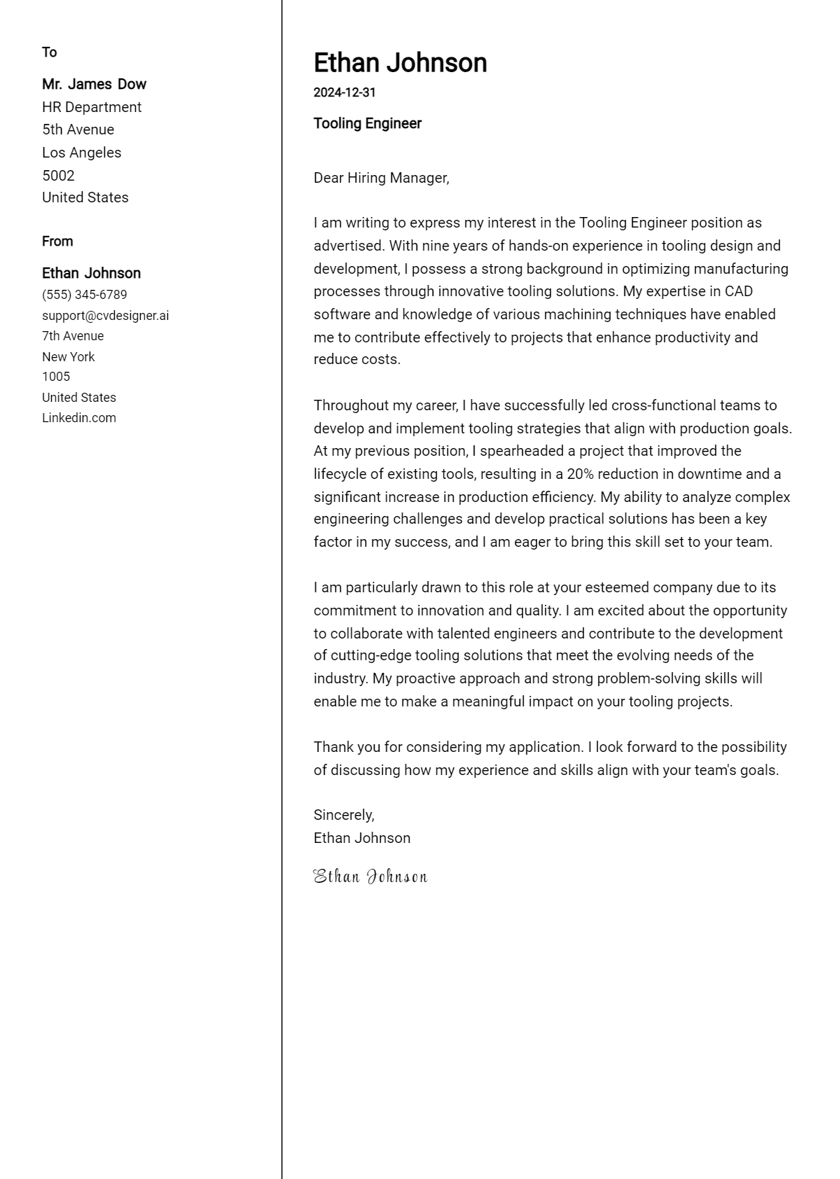 tooling engineer cover letter example