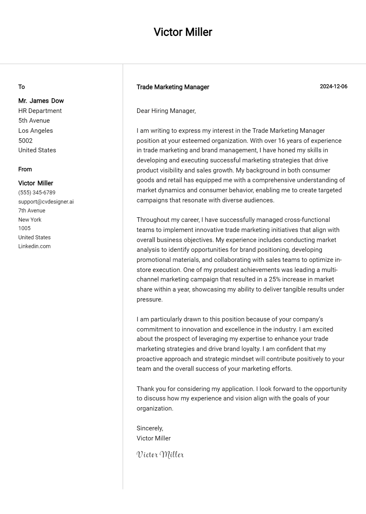 trade marketing manager cover letter example