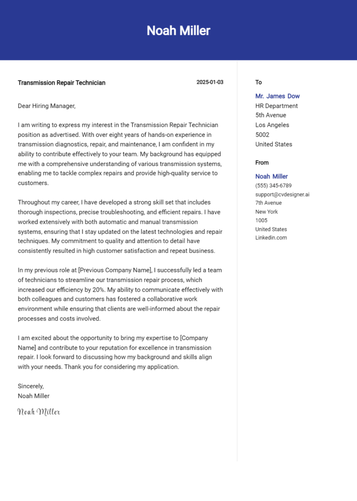 transmission repair technician cover letter example