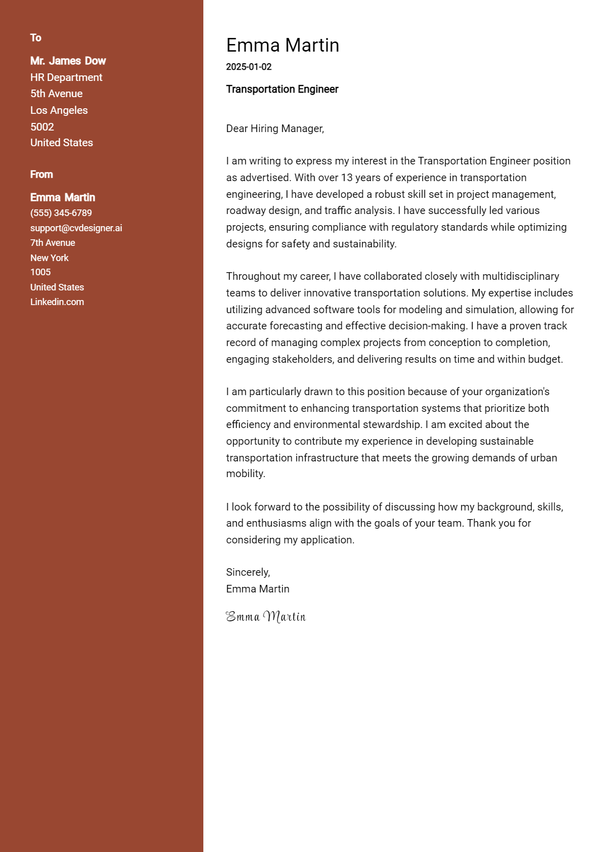 transportation engineer cover letter example