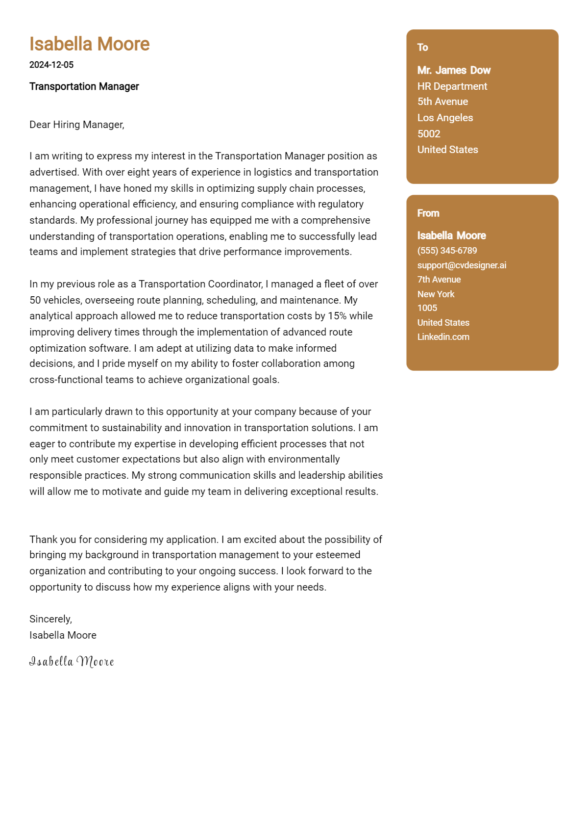 transportation manager cover letter example