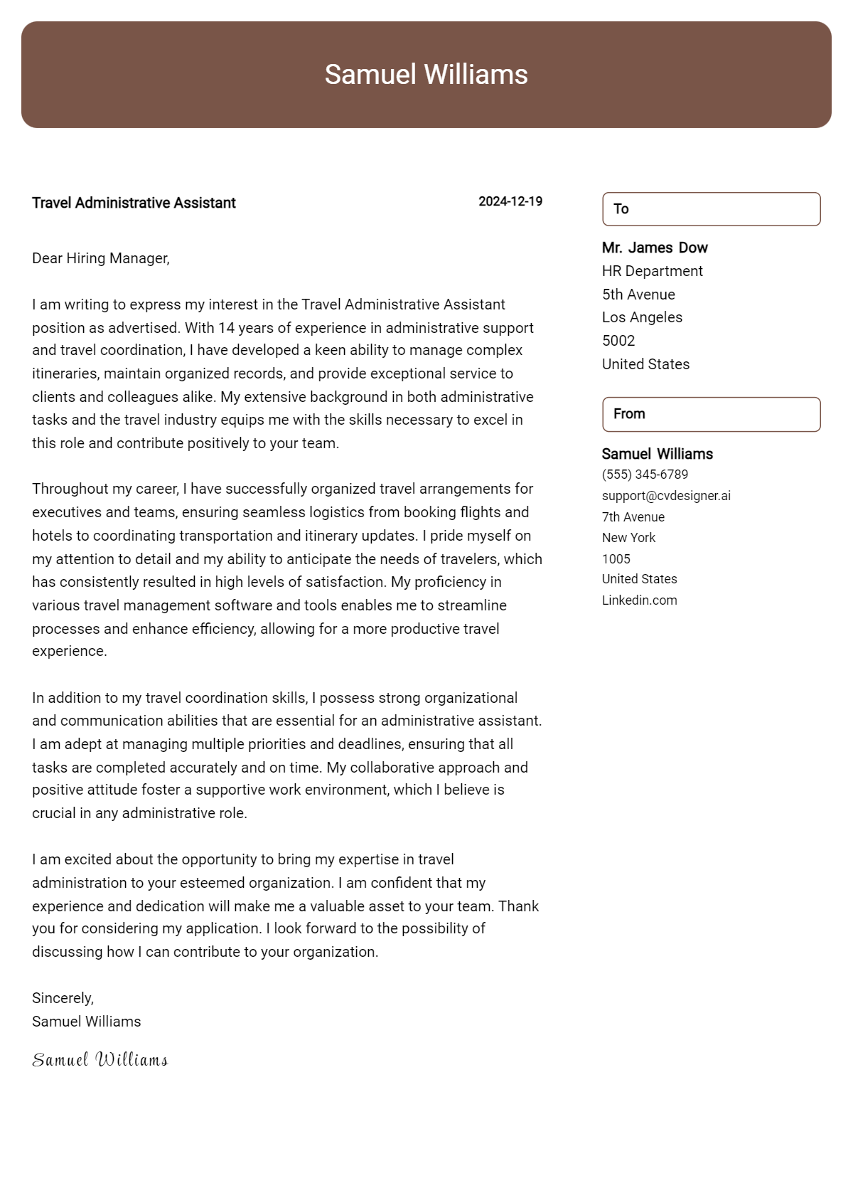 travel administrative assistant cover letter example