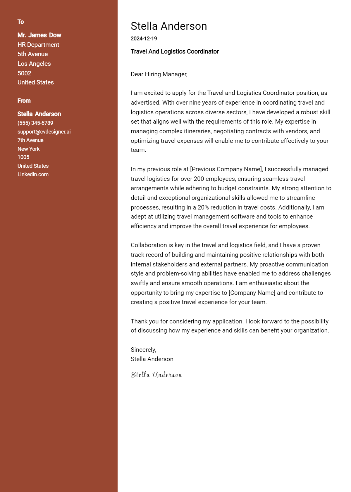 travel and logistics coordinator cover letter example