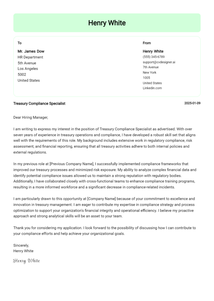 treasury compliance specialist cover letter example