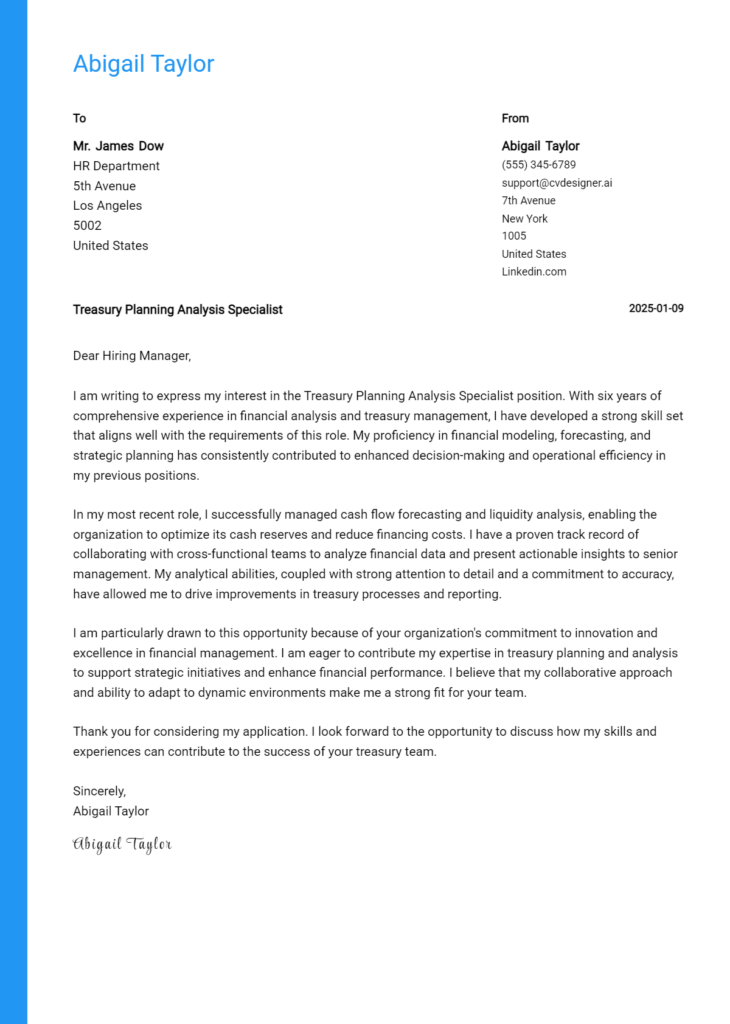 treasury planning analysis specialist cover letter example