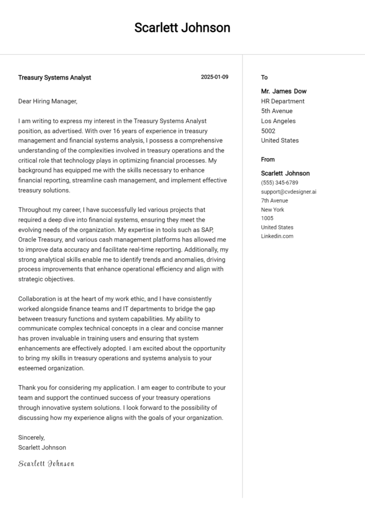 treasury systems analyst cover letter example