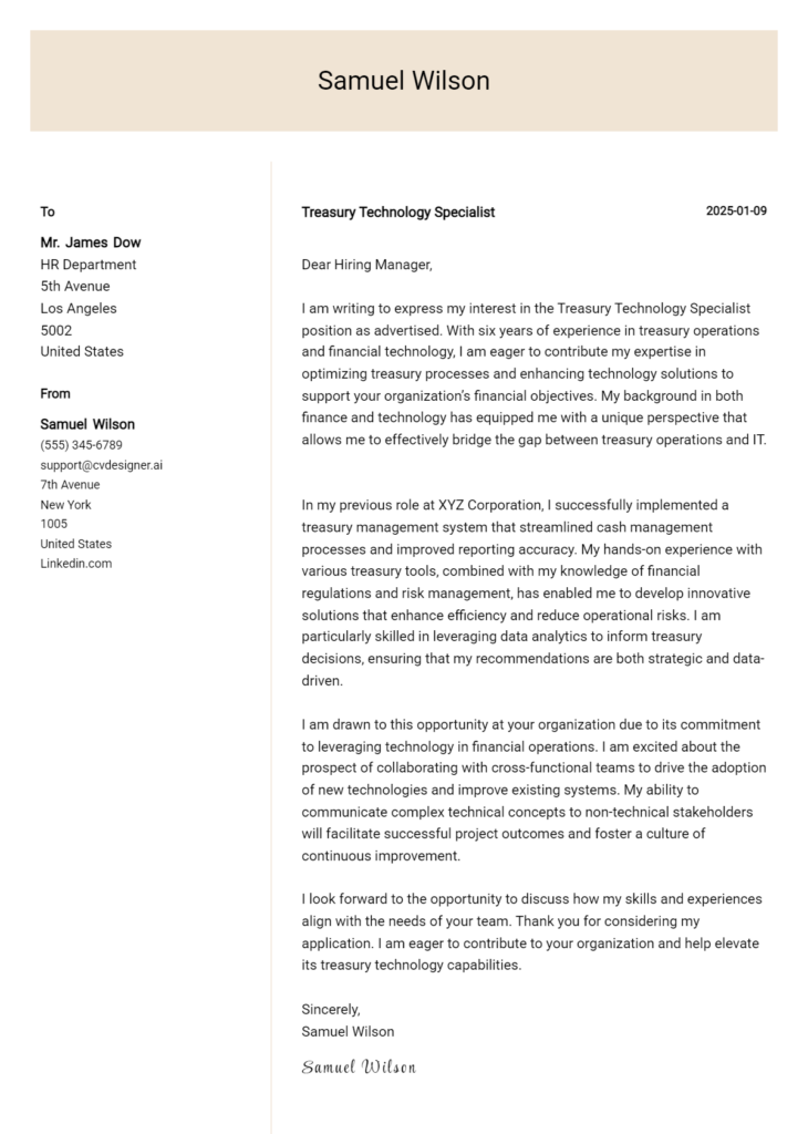 treasury technology specialist cover letter example