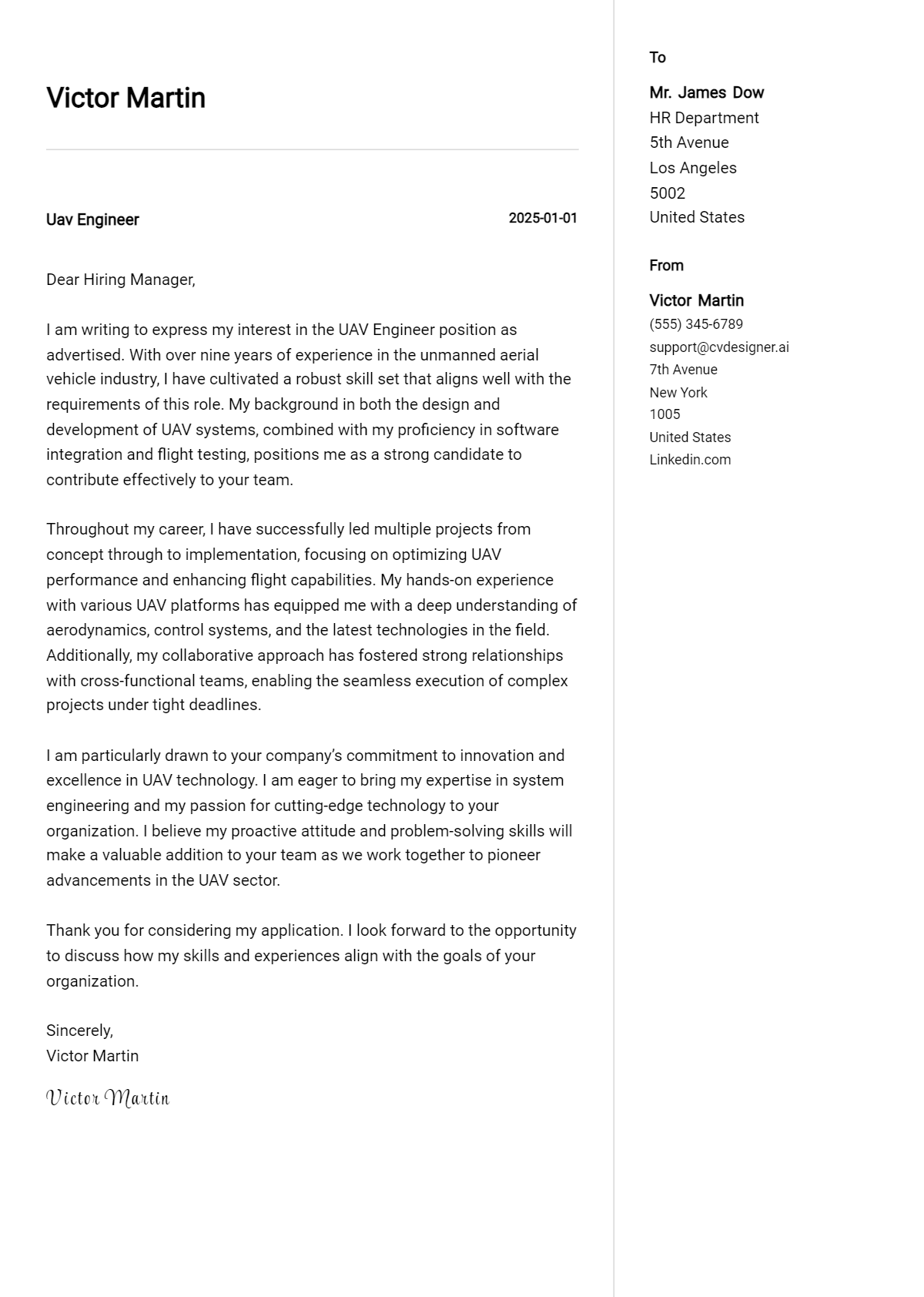 uav engineer cover letter example