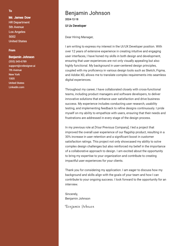 ui ux developer cover letter example