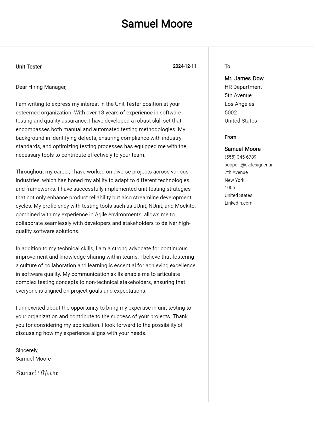 unit tester cover letter example