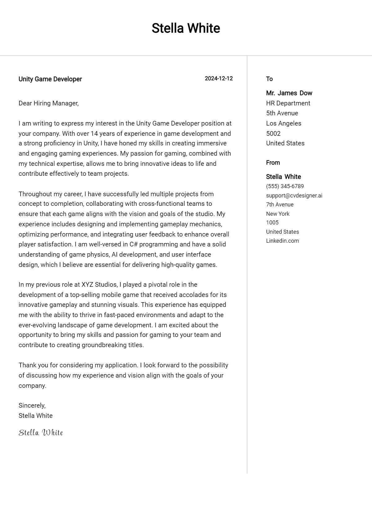 unity game developer cover letter example