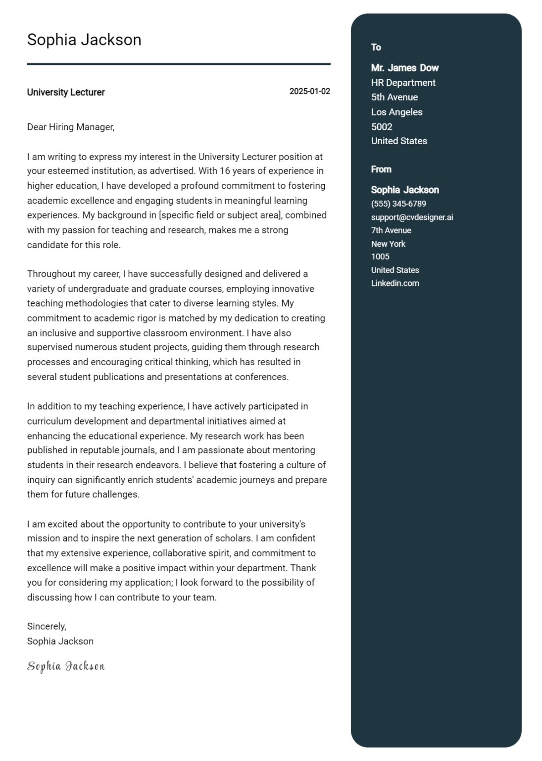 14 University Lecturer Cover Letter Examples And Templates for 2025 ...