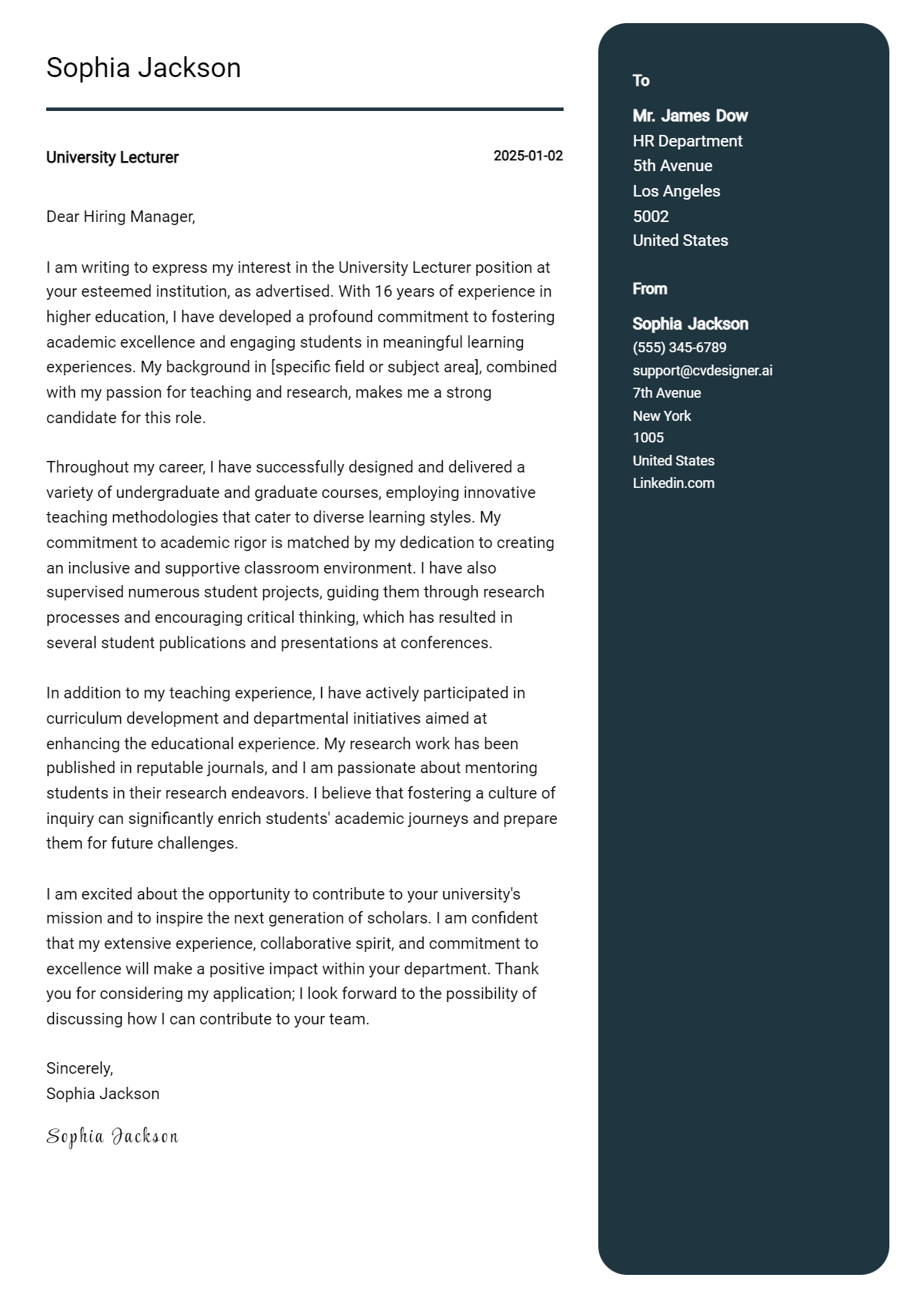 university lecturer cover letter example