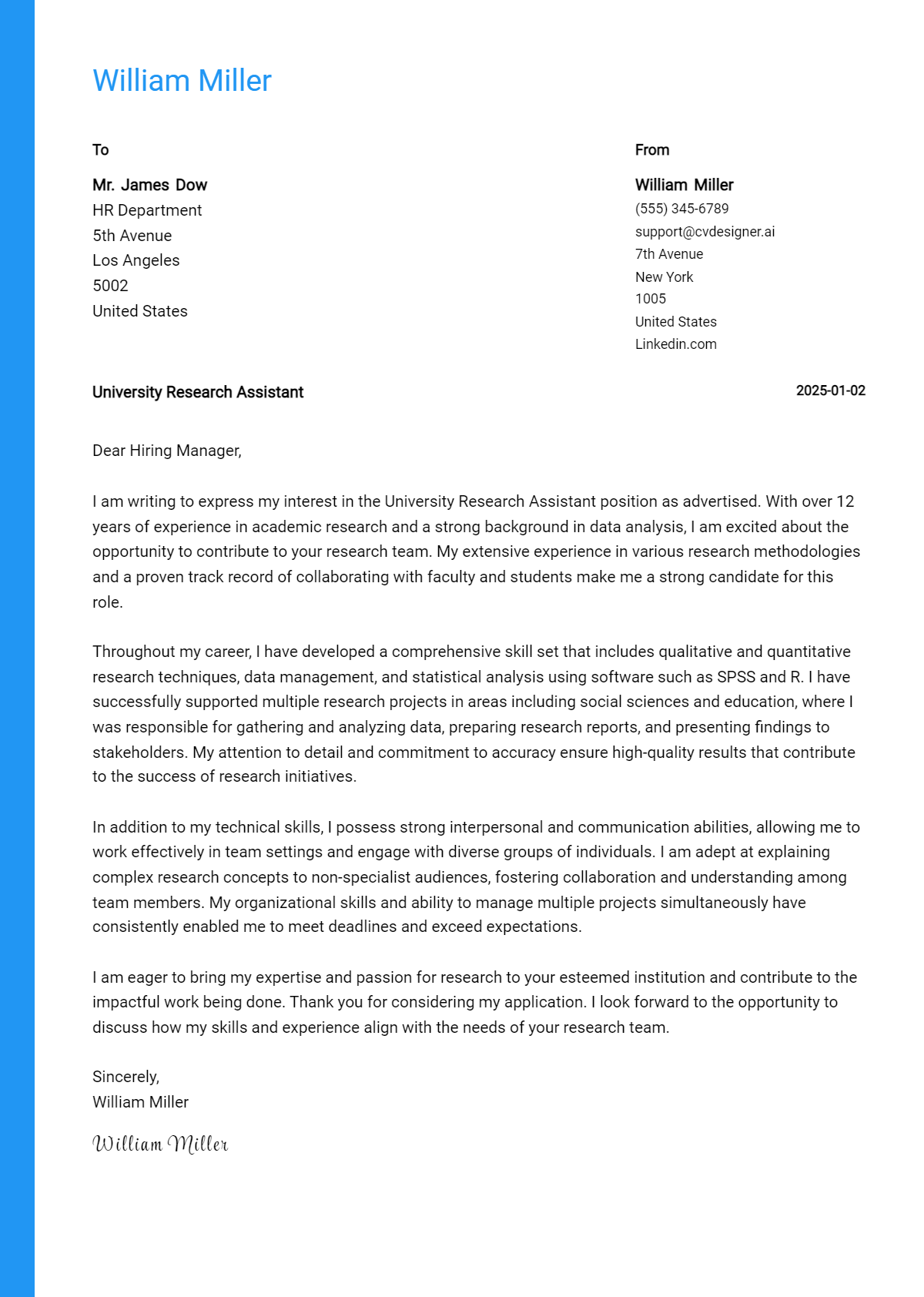 university research assistant cover letter example