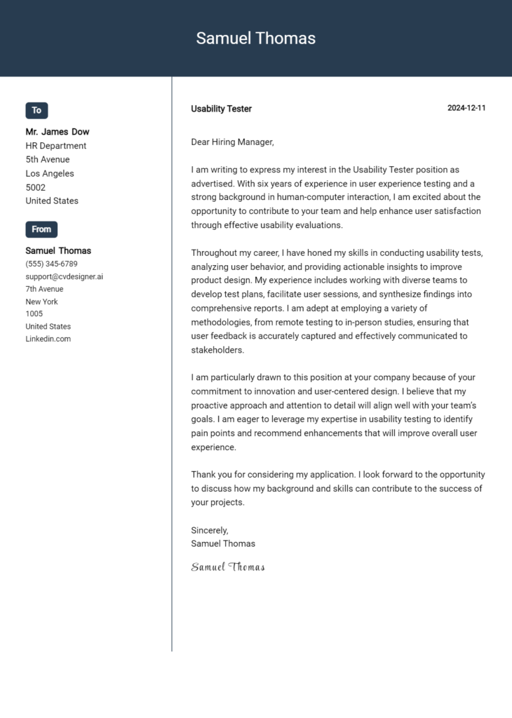 usability tester cover letter example