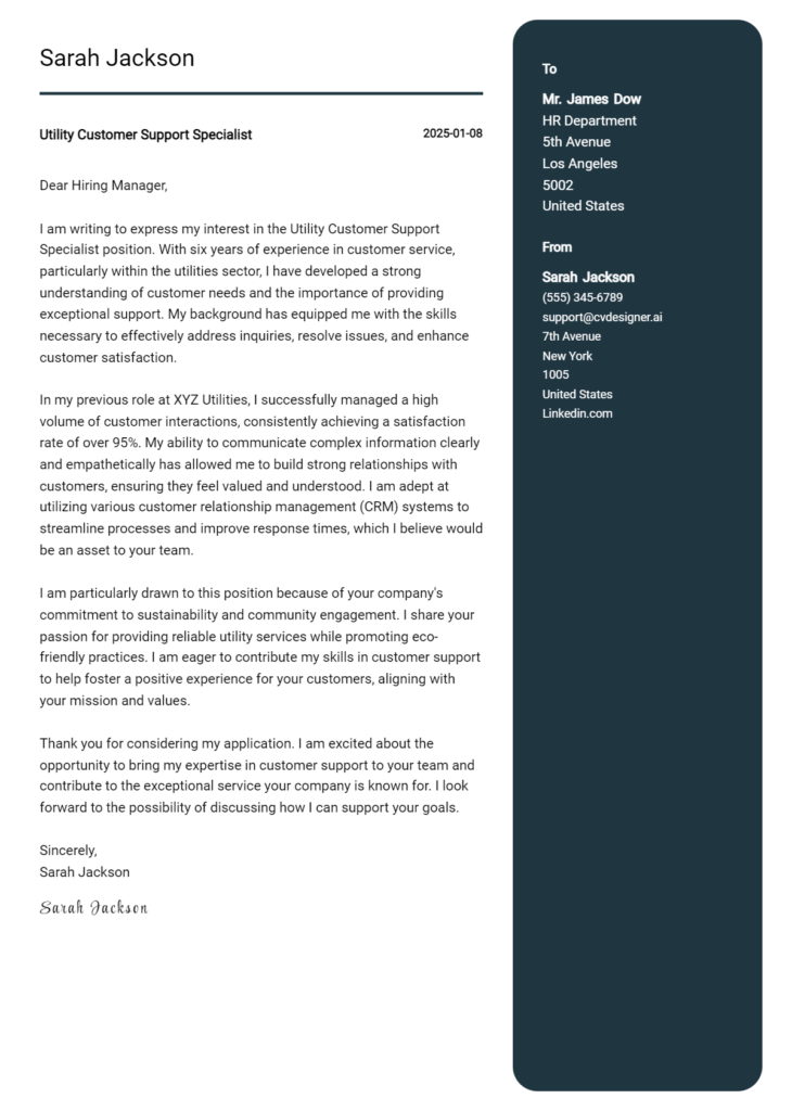 utility customer support specialist cover letter example