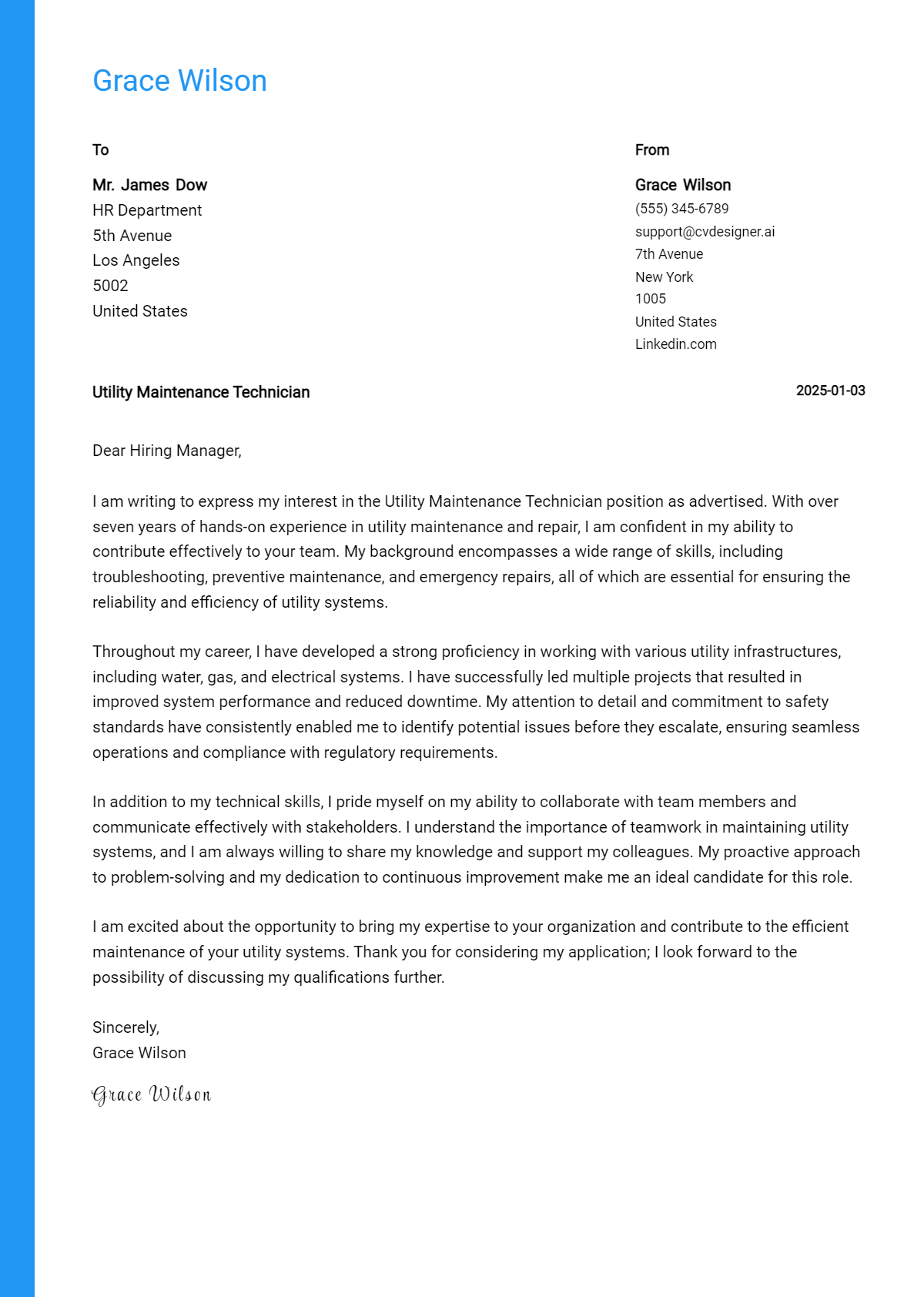 utility maintenance technician cover letter example