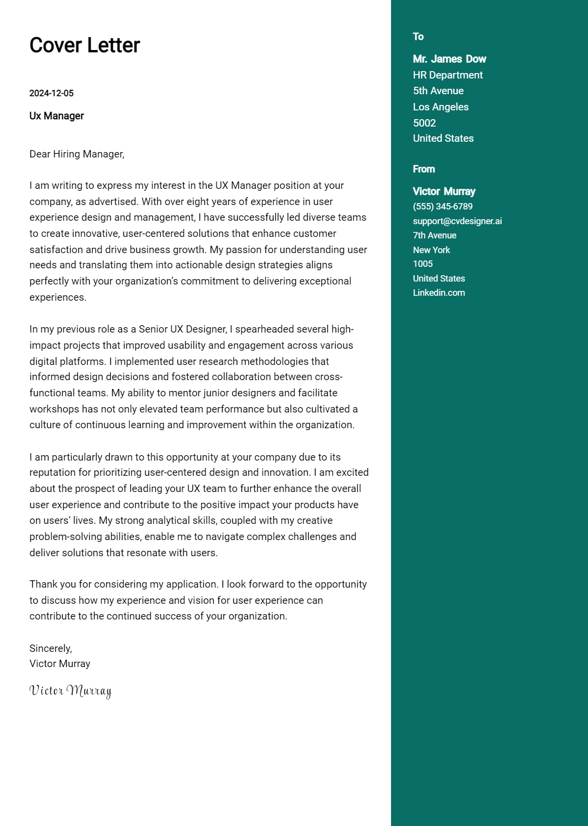 ux manager cover letter example