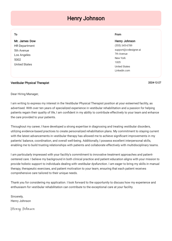 vestibular physical therapist cover letter example