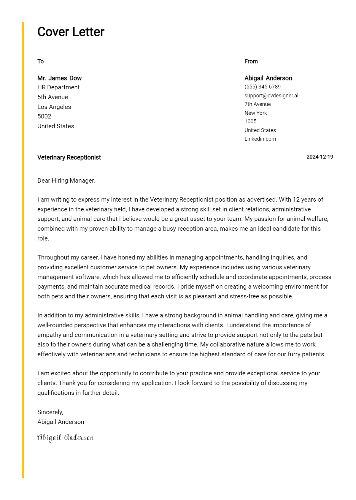 veterinary receptionist cover letter example