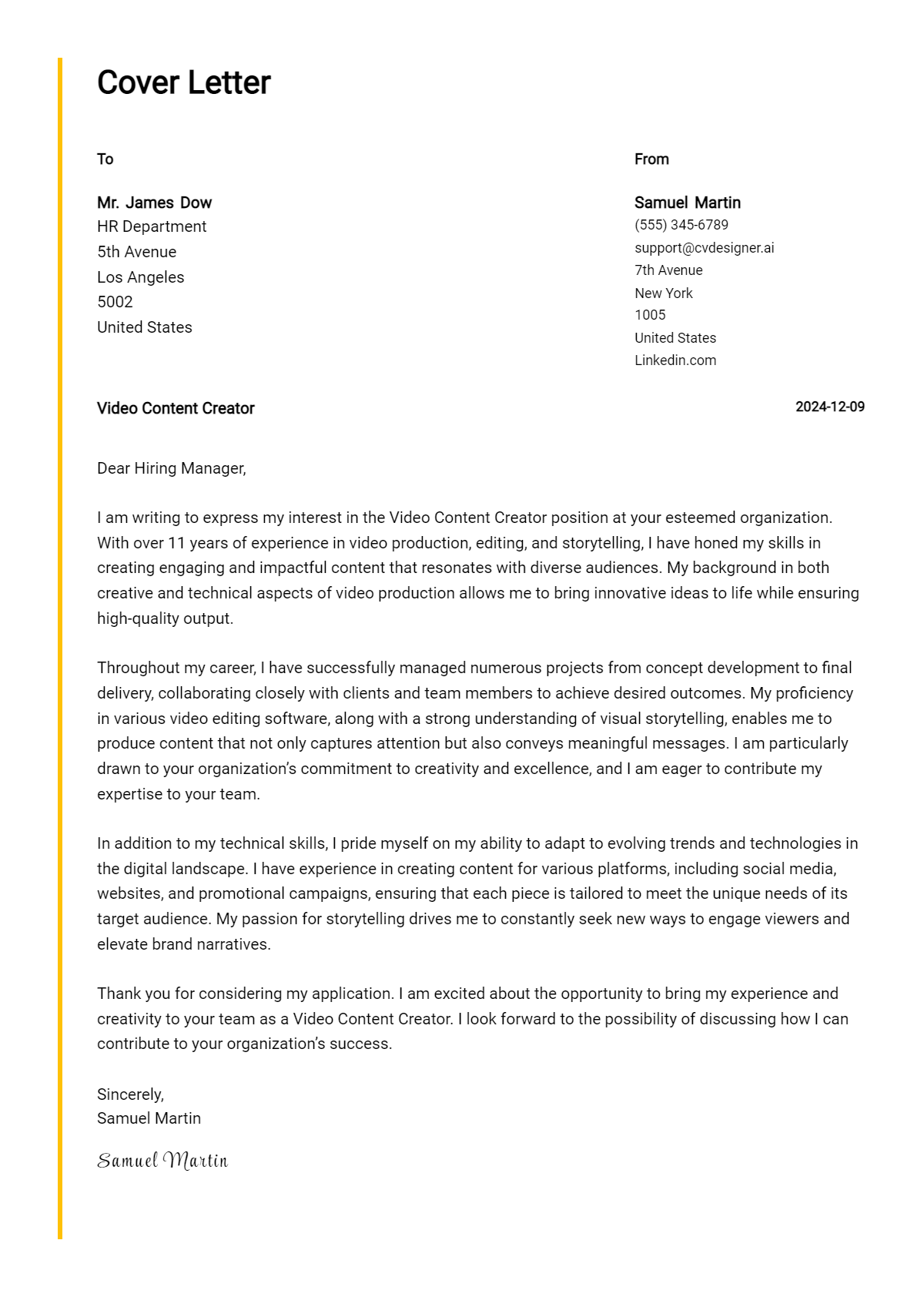 video content creator cover letter example