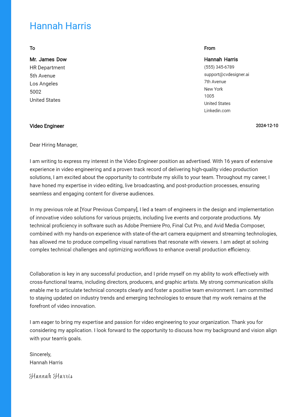 video engineer cover letter example