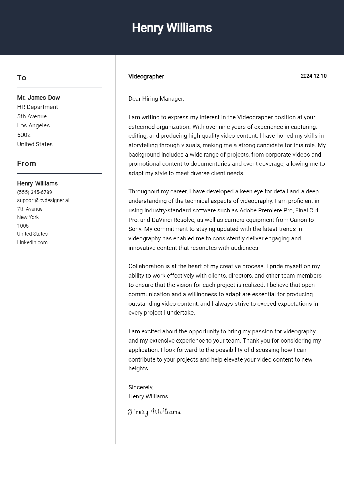 videographer cover letter example