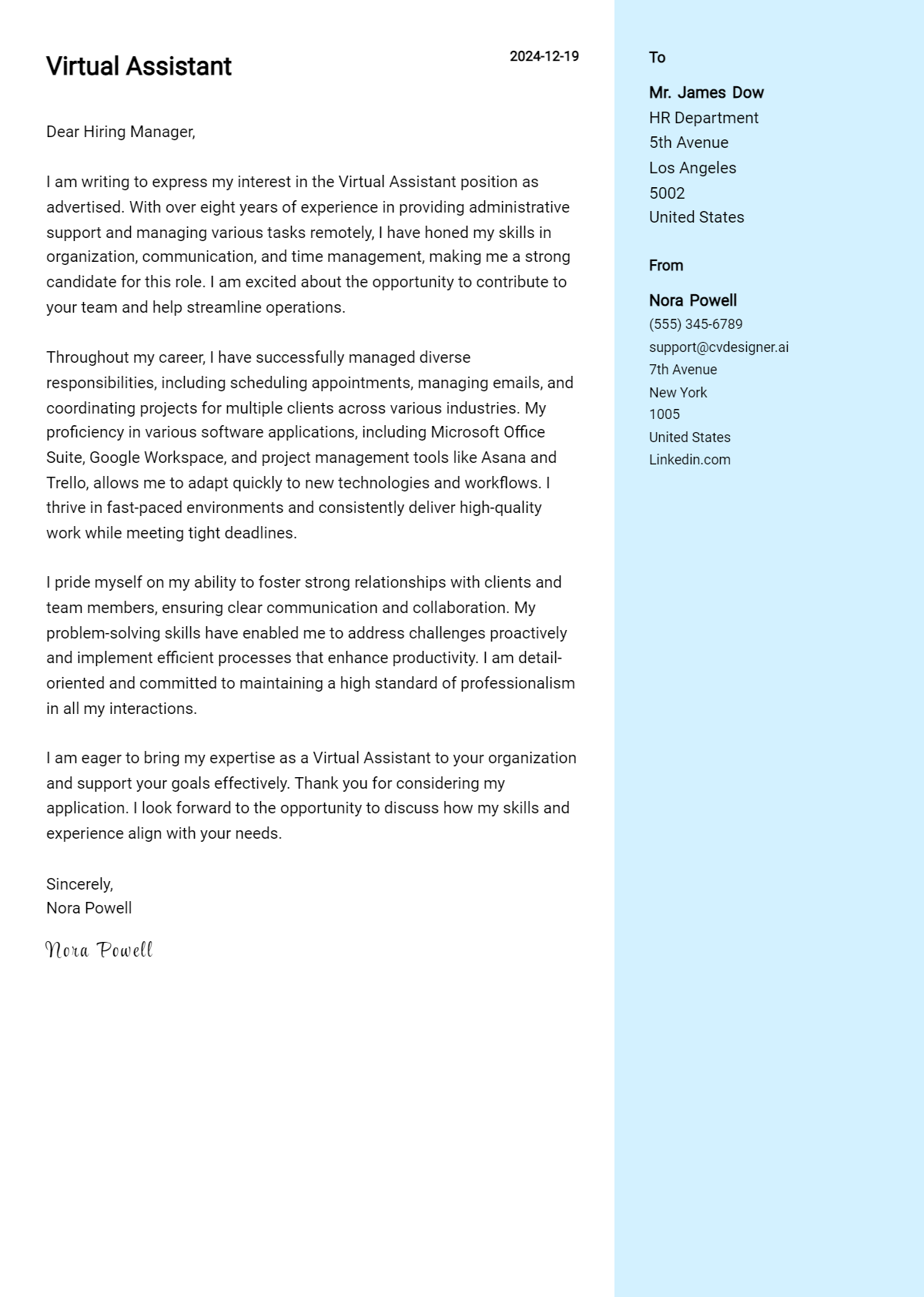 virtual assistant cover letter example