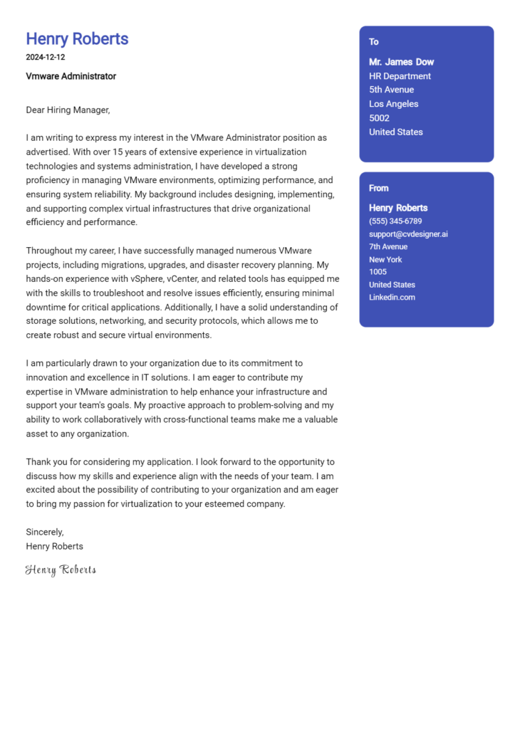 vmware administrator cover letter example