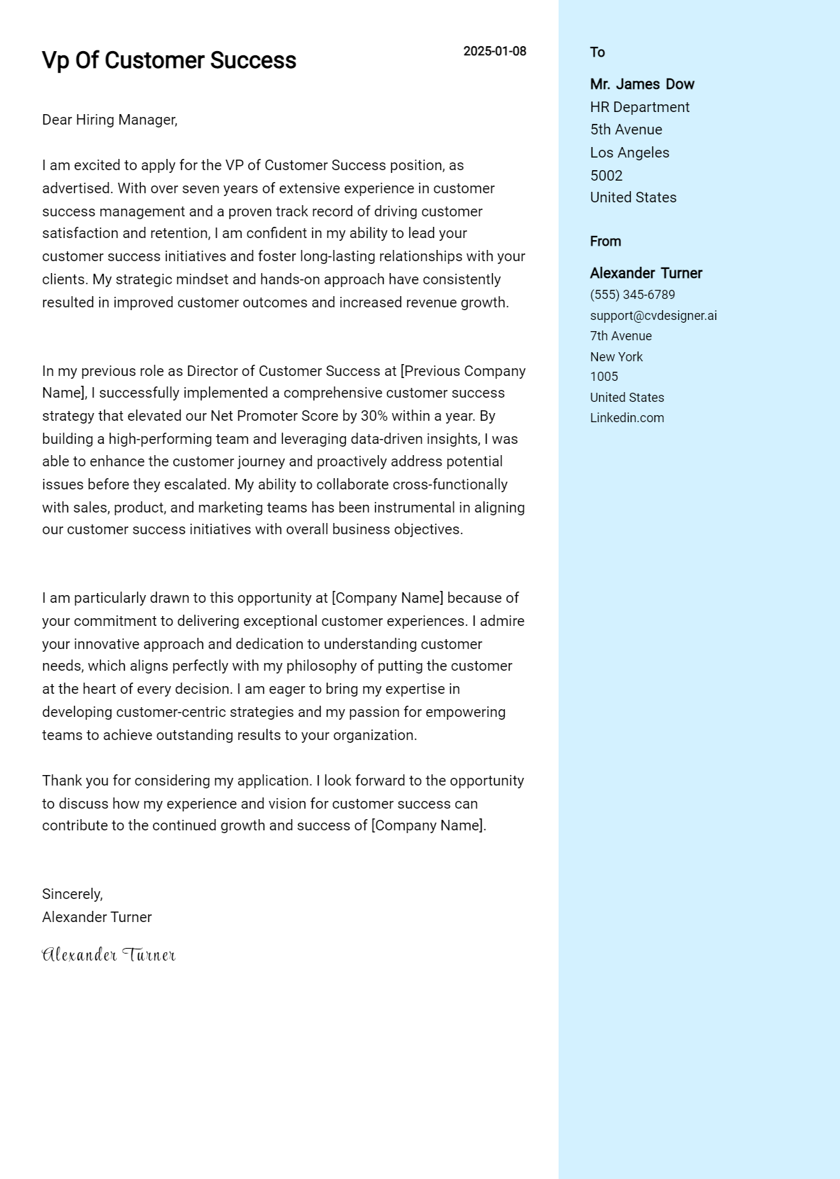 vp of customer success cover letter example