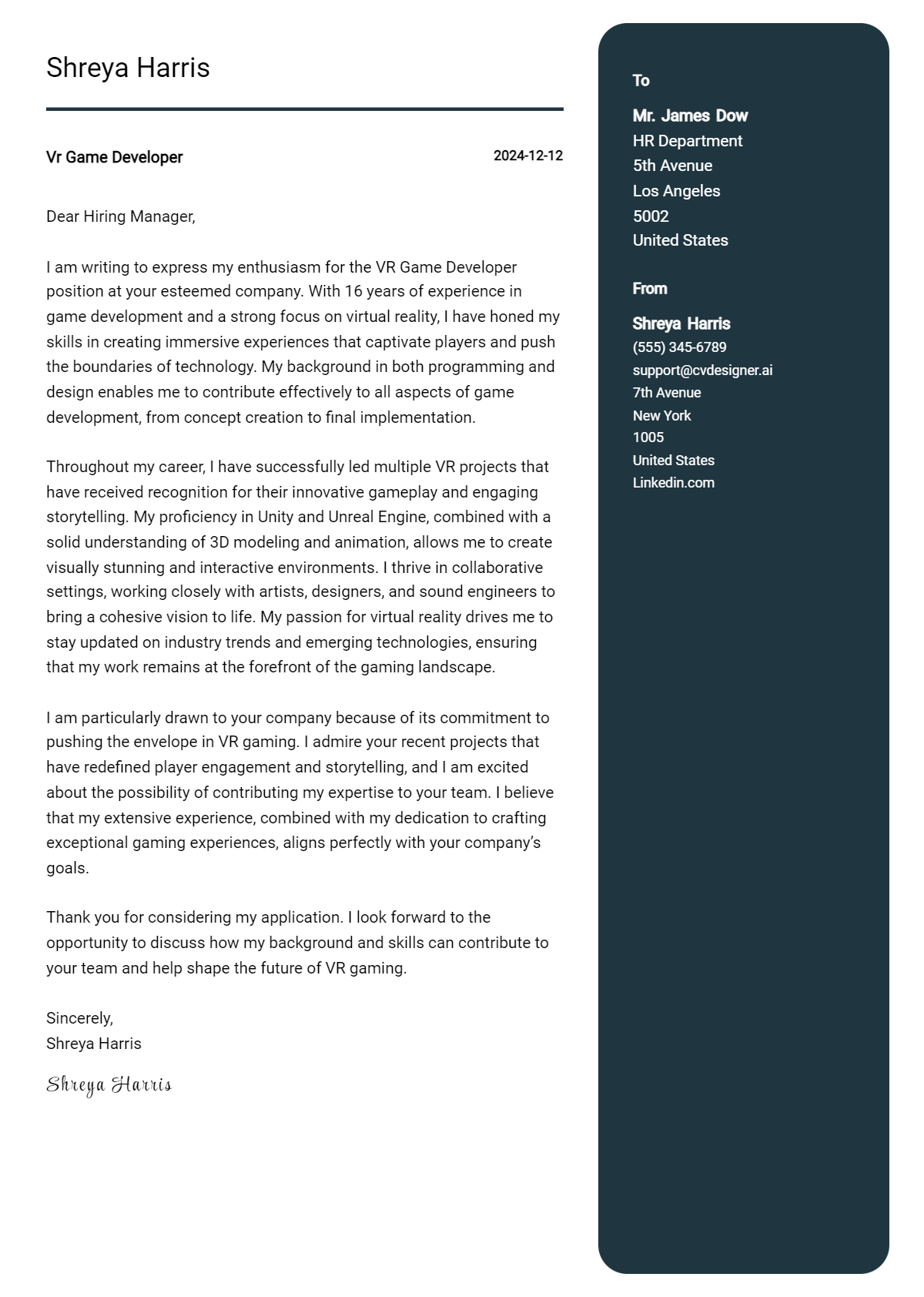 vr game developer cover letter example