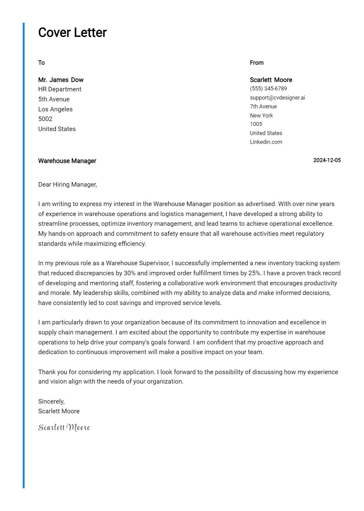 warehouse manager cover letter example