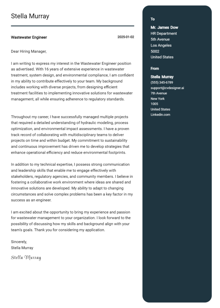 wastewater engineer cover letter example