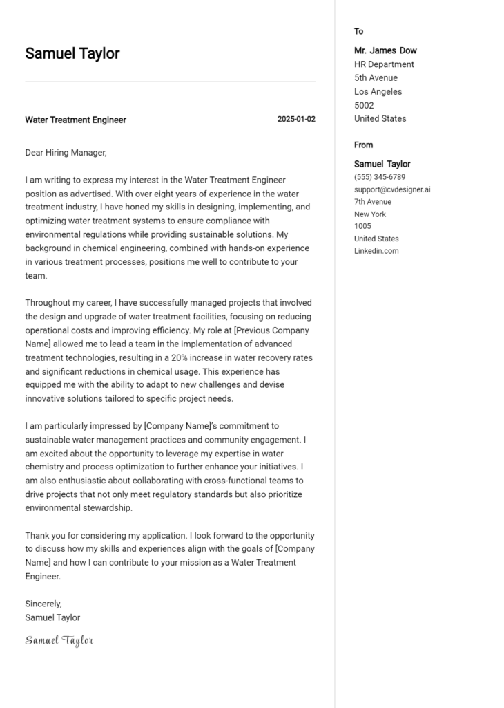 water treatment engineer cover letter example