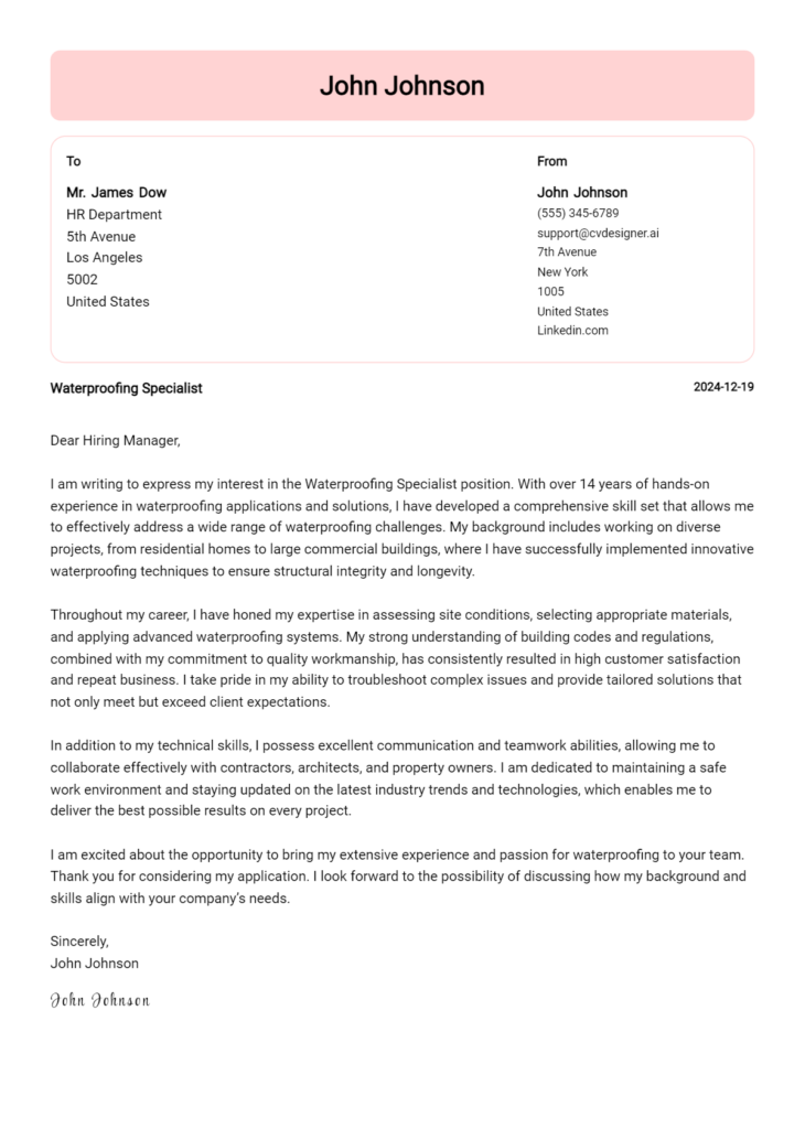 waterproofing specialist cover letter example